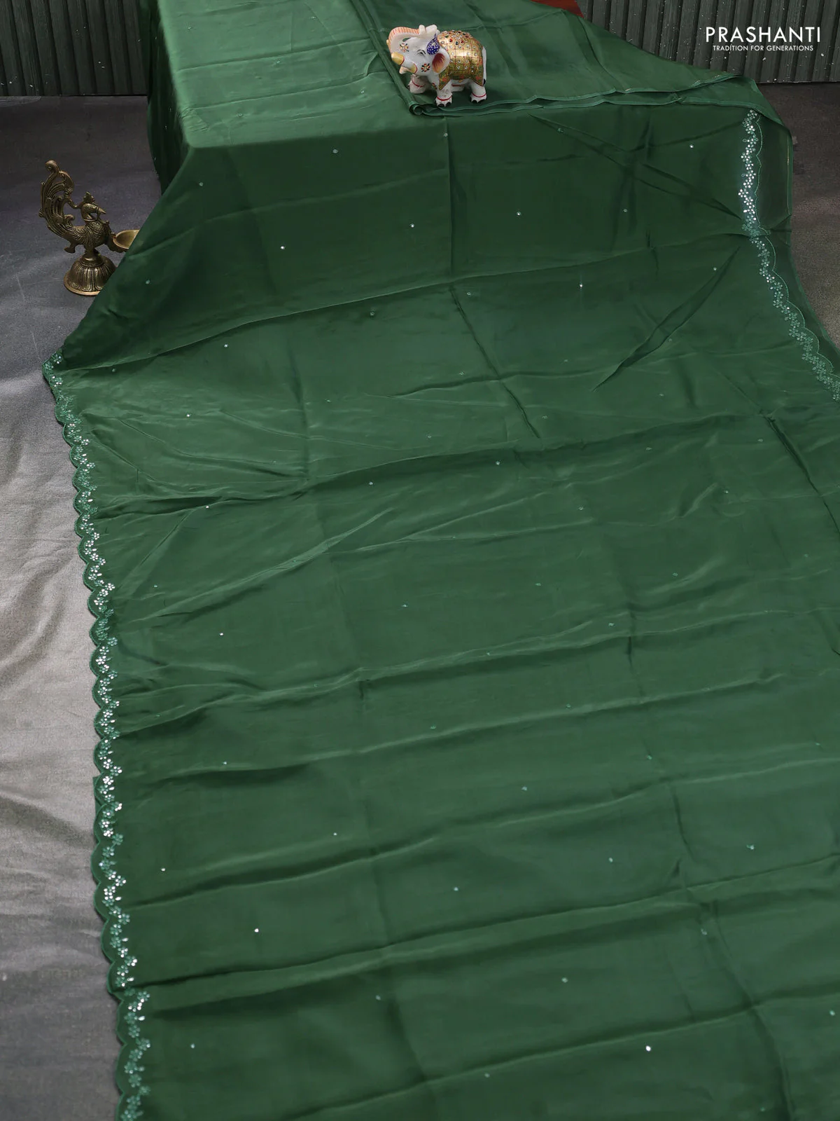 Satin organza silk saree green and black with mirror embroidery work and ajrakh printed blouse - Image 2