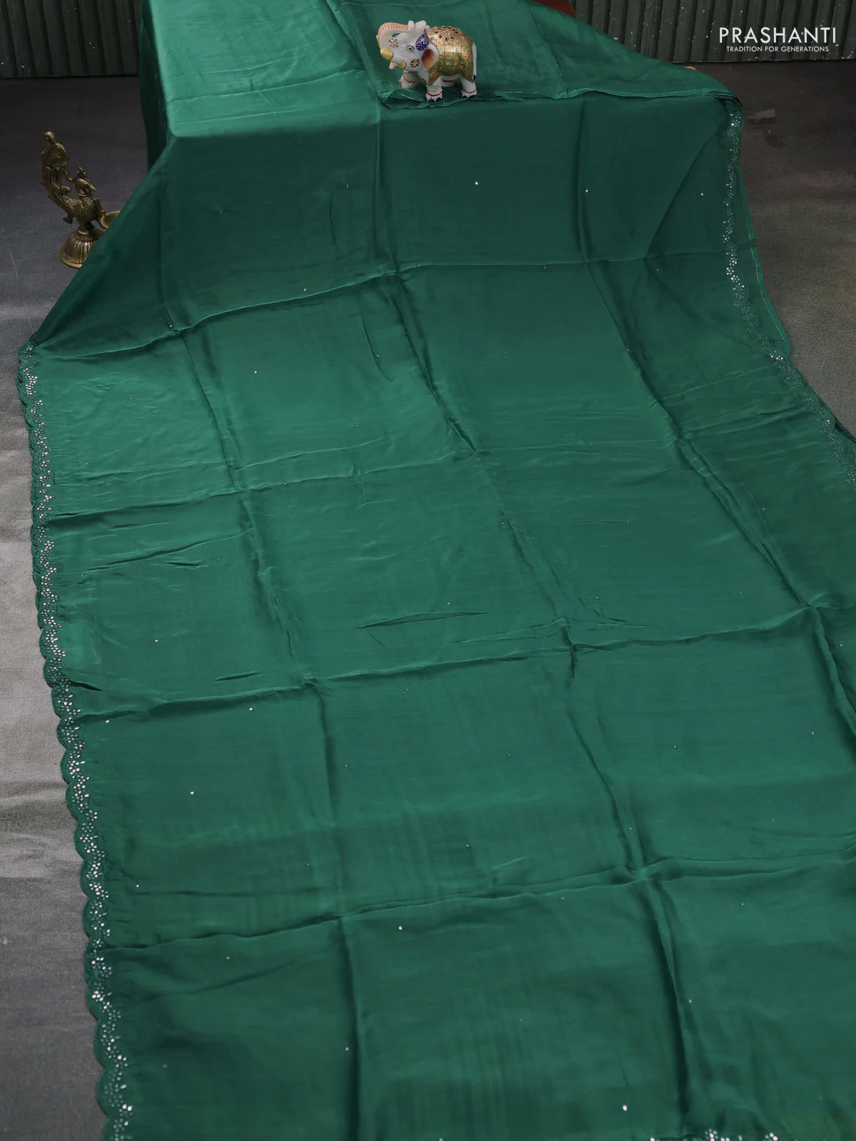 Satin organza silk saree green and mustard yellow with mirror embroidery work and ajrakh printed blouse - Image 2