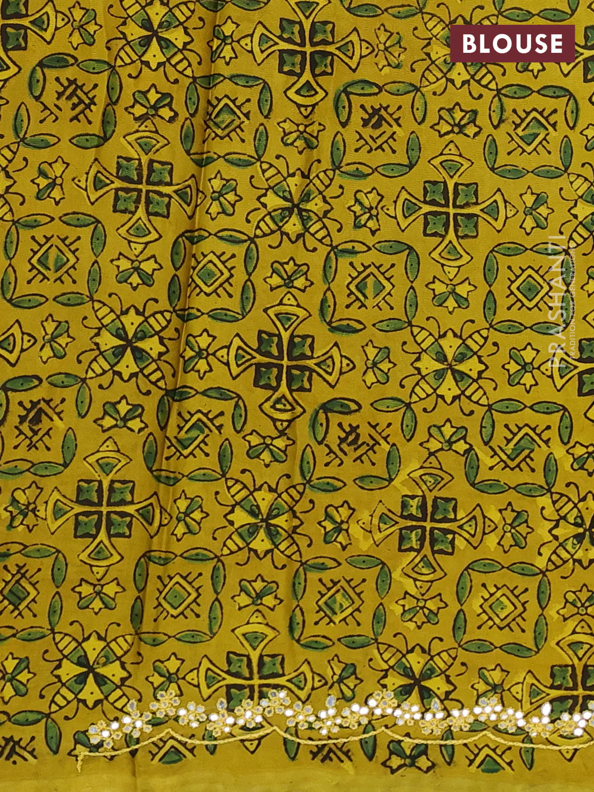 Satin organza silk saree green and mustard yellow with mirror embroidery work and ajrakh printed blouse - Image 3