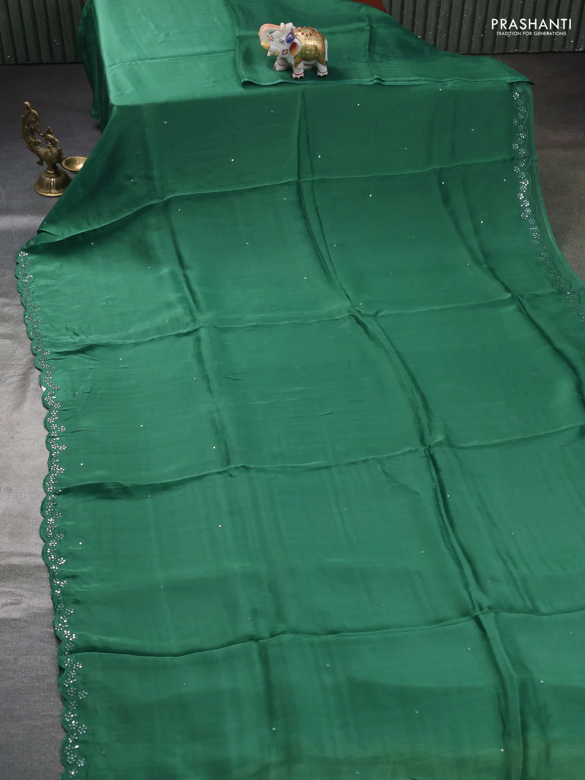 Satin organza silk saree green and mustard yellow with mirror embroidery work and ajrakh printed blouse - Image 2
