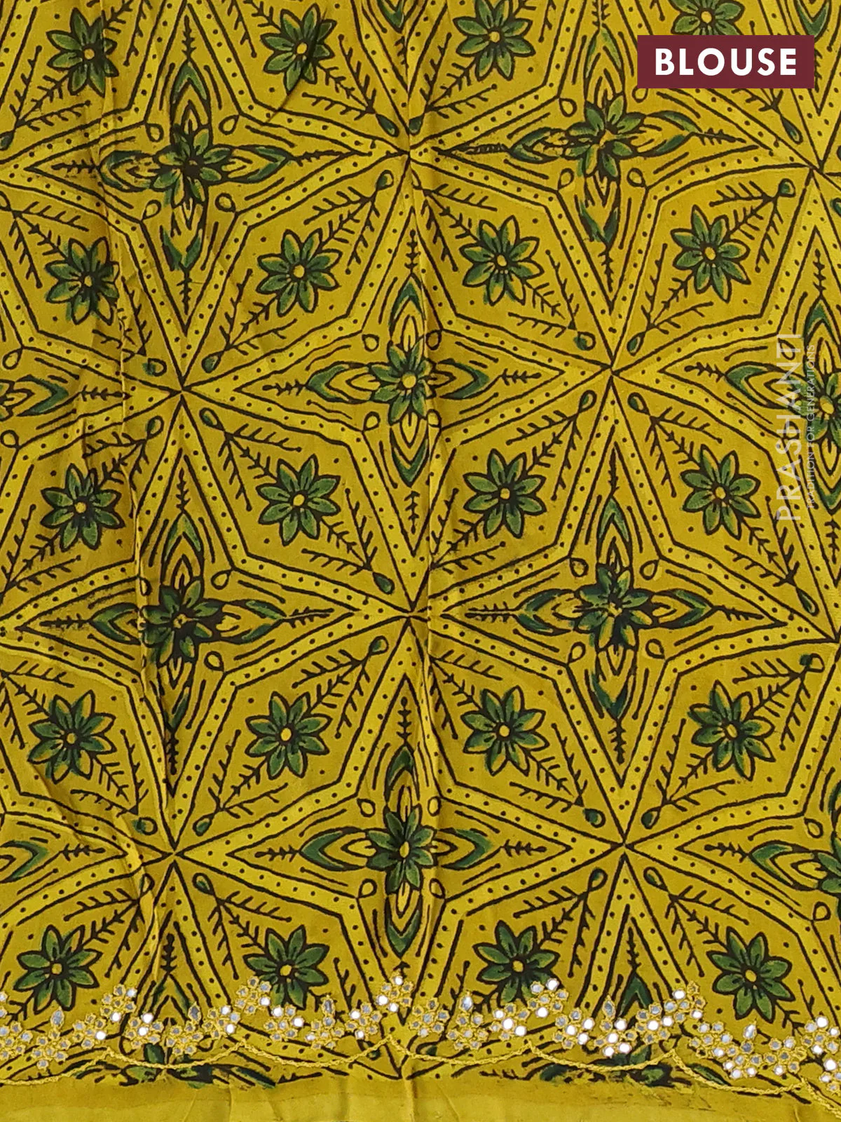Satin organza silk saree green and mustard yellow with mirror embroidery work and ajrakh printed blouse - Image 3