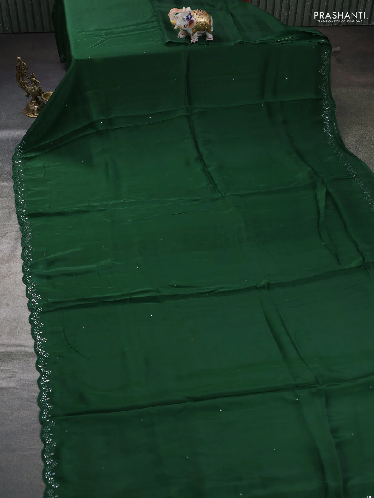 Satin organza silk saree green and mustard yellow with mirror embroidery work and ajrakh printed blouse - Image 2