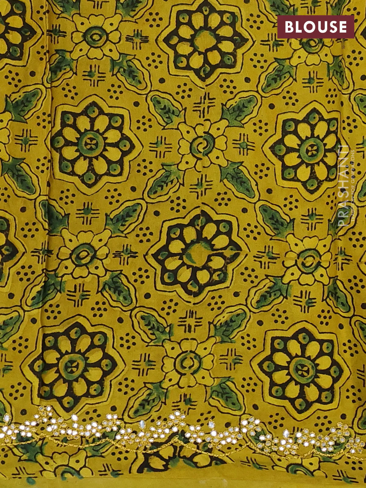 Satin organza silk saree green and mustard yellow with mirror embroidery work and ajrakh printed blouse - Image 3