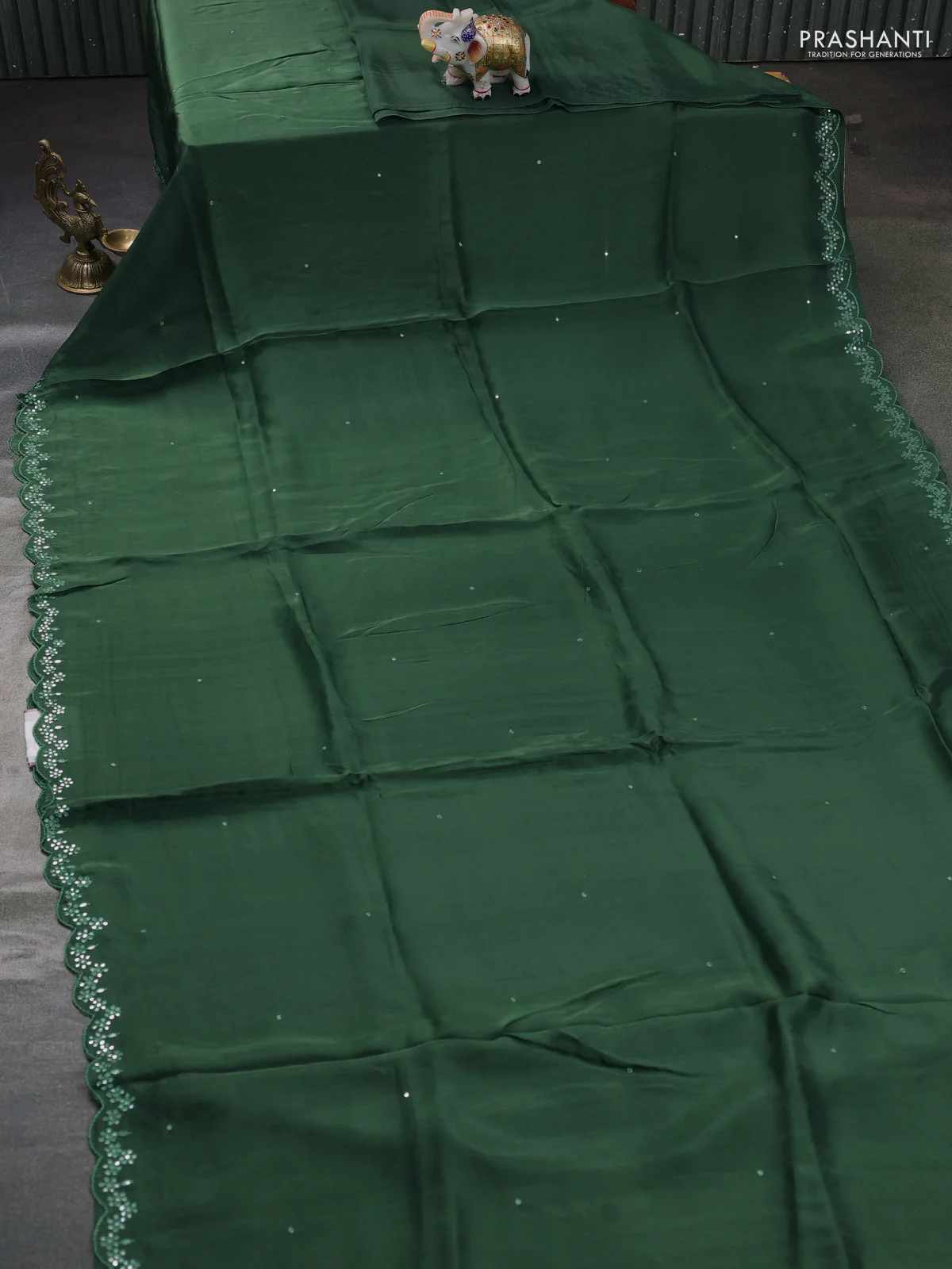 Satin organza silk saree green and mustard yellow with mirror embroidery work and ajrakh printed blouse - Image 2