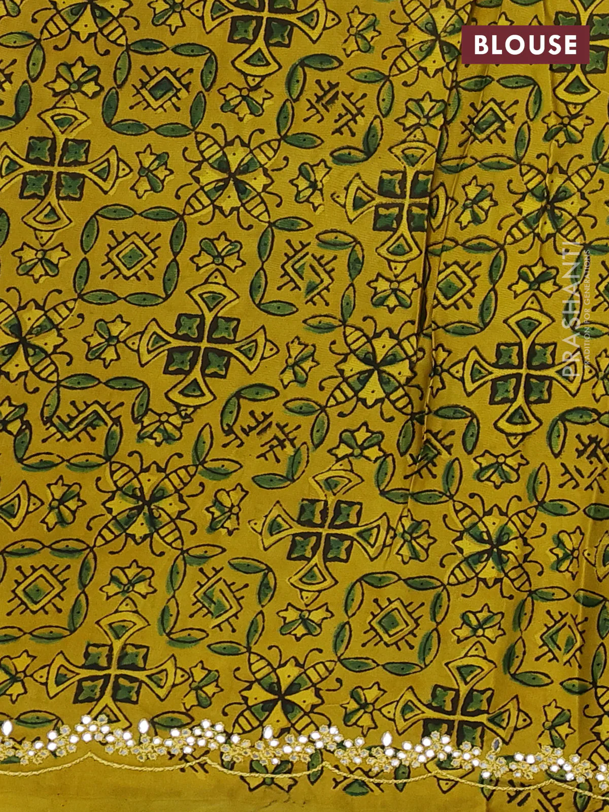 Satin organza silk saree green and mustard yellow with mirror embroidery work and ajrakh printed blouse - Image 3