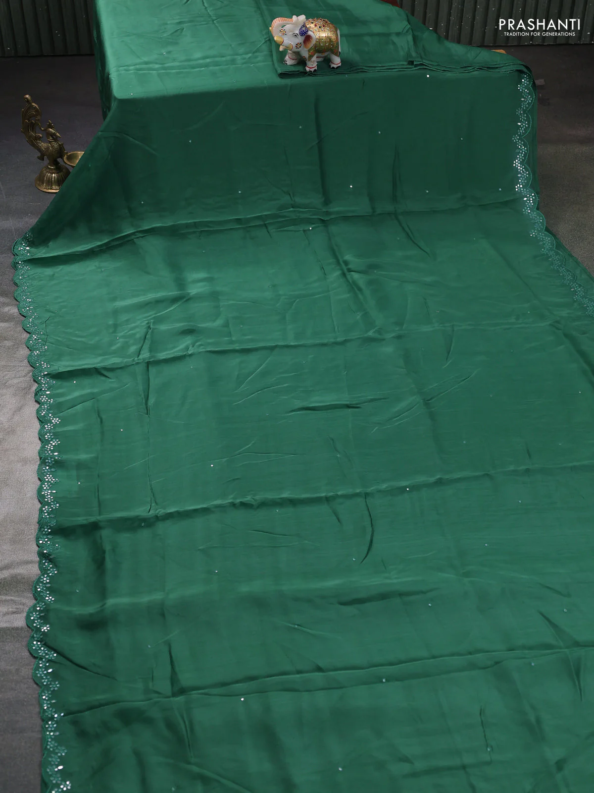 Satin organza silk saree green and mustard yellow with mirror embroidery work and ajrakh printed blouse - Image 2