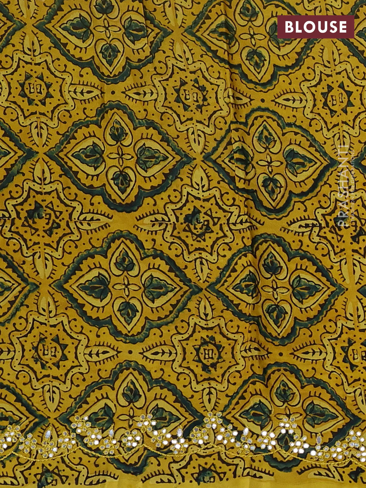 Satin organza silk saree green and mustard yellow with mirror embroidery work and ajrakh printed blouse - Image 3