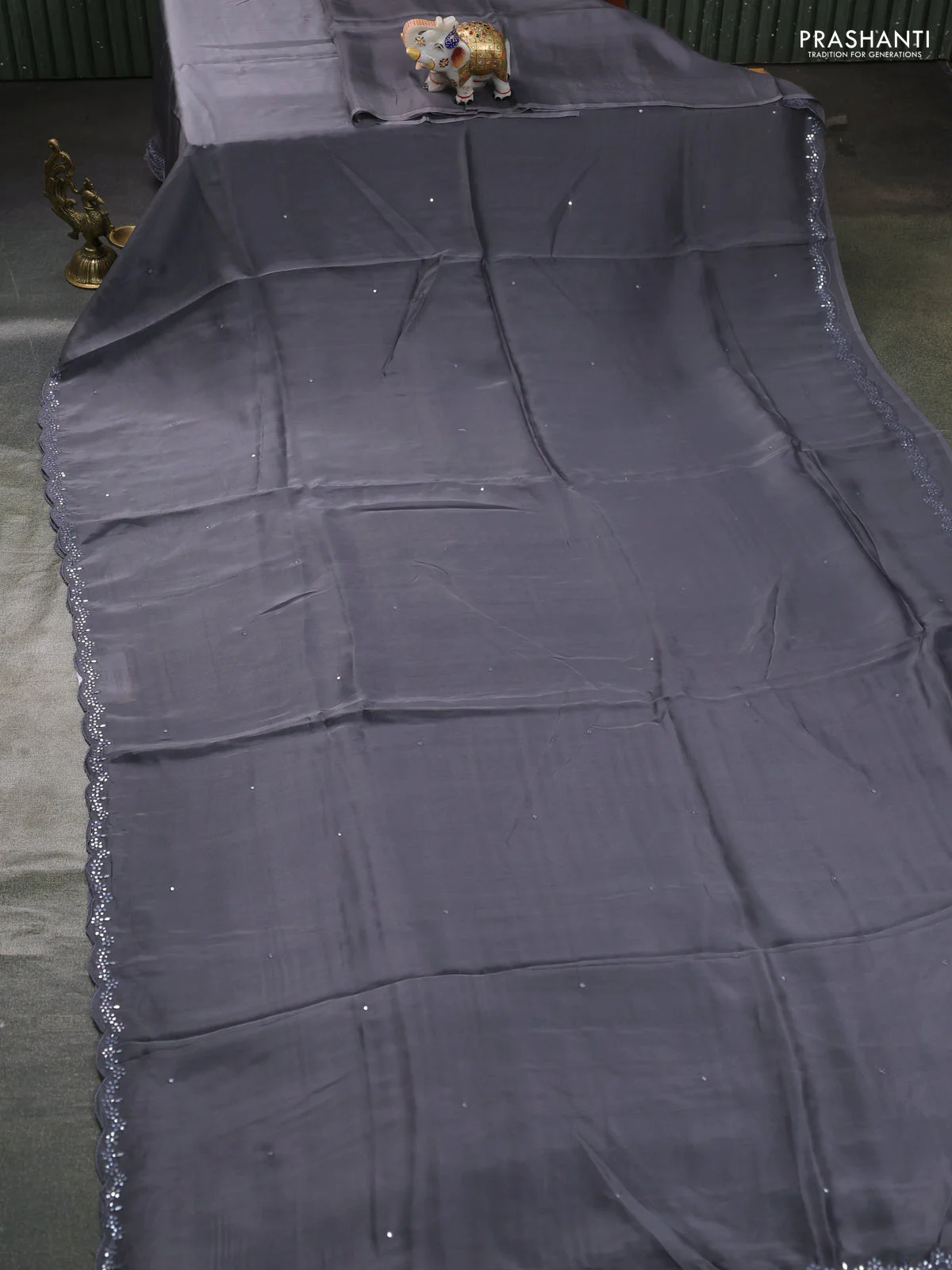 Satin organza silk saree grey and indigo blue with mirror embroidery work and ajrakh printed blouse - Image 2