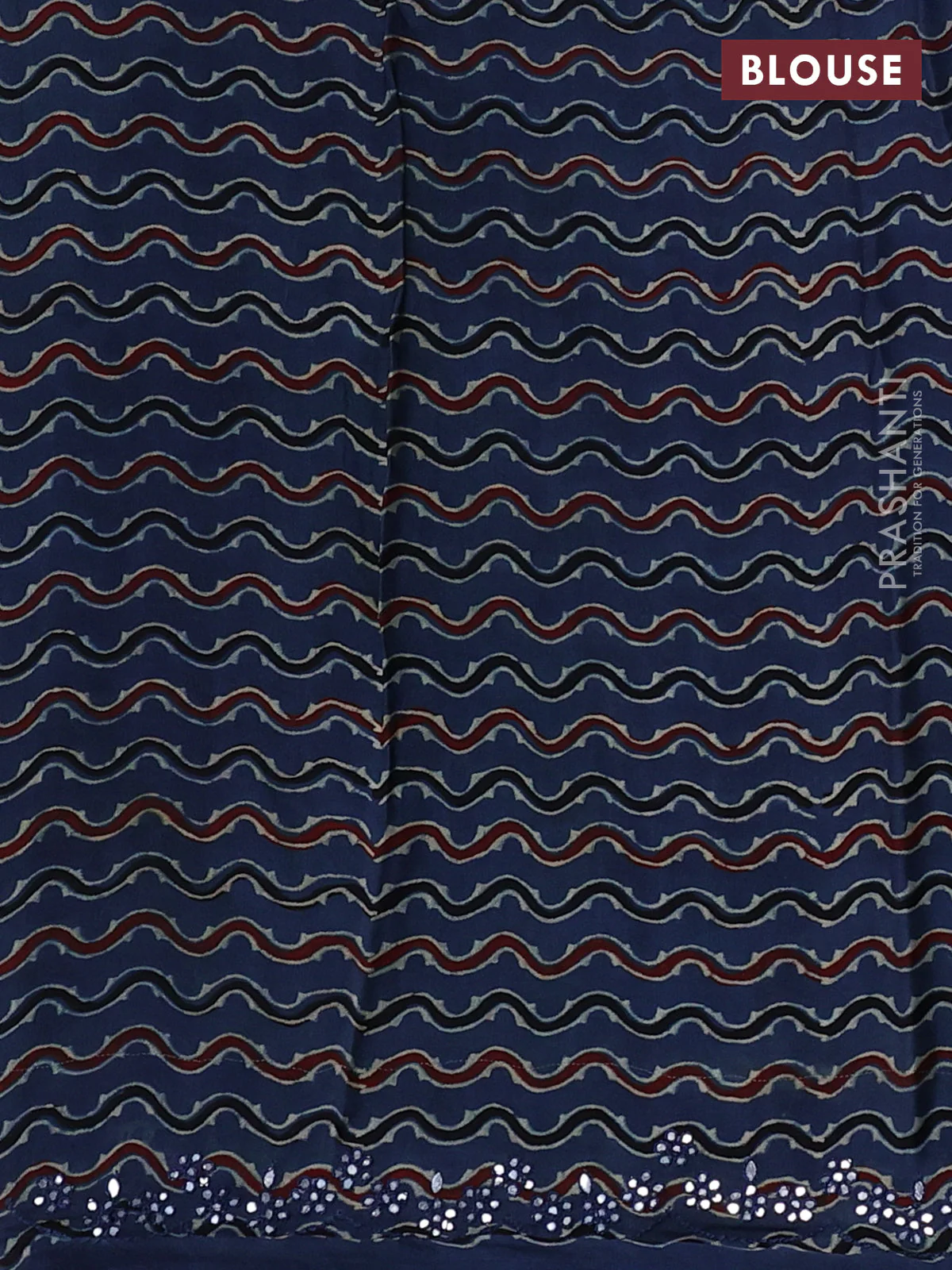 Satin organza silk saree grey and indigo blue with mirror embroidery work and ajrakh printed blouse - Image 3