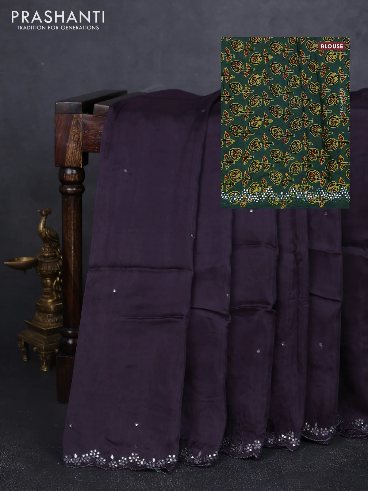Satin organza silk saree jamun shade and green with mirror embroidery work and ajrakh printed blouse
