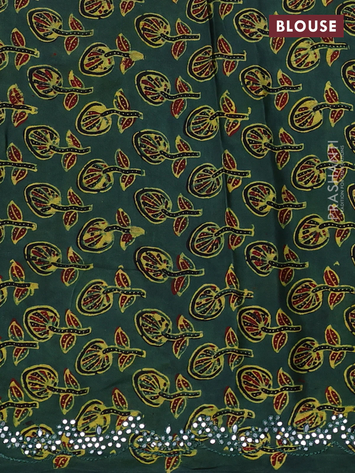 Satin organza silk saree jamun shade and green with mirror embroidery work and ajrakh printed blouse - Image 3