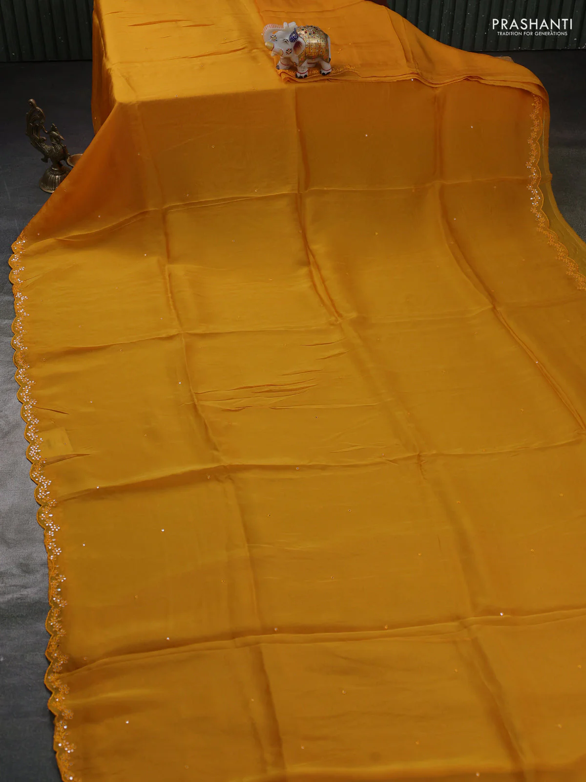 Satin organza silk saree mustard yellow and maroon with mirror embroidery work and ajrakh printed blouse - Image 2