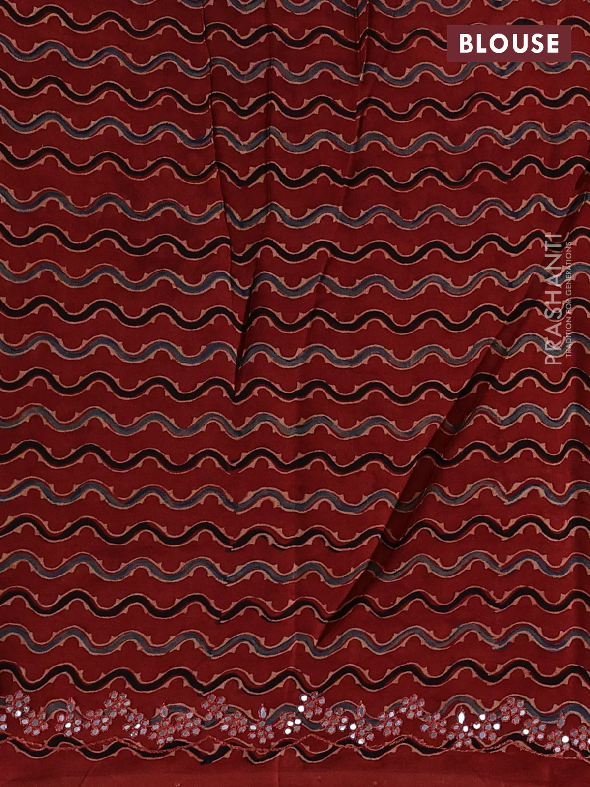 Satin organza silk saree mustard yellow and maroon with mirror embroidery work and ajrakh printed blouse - Image 3