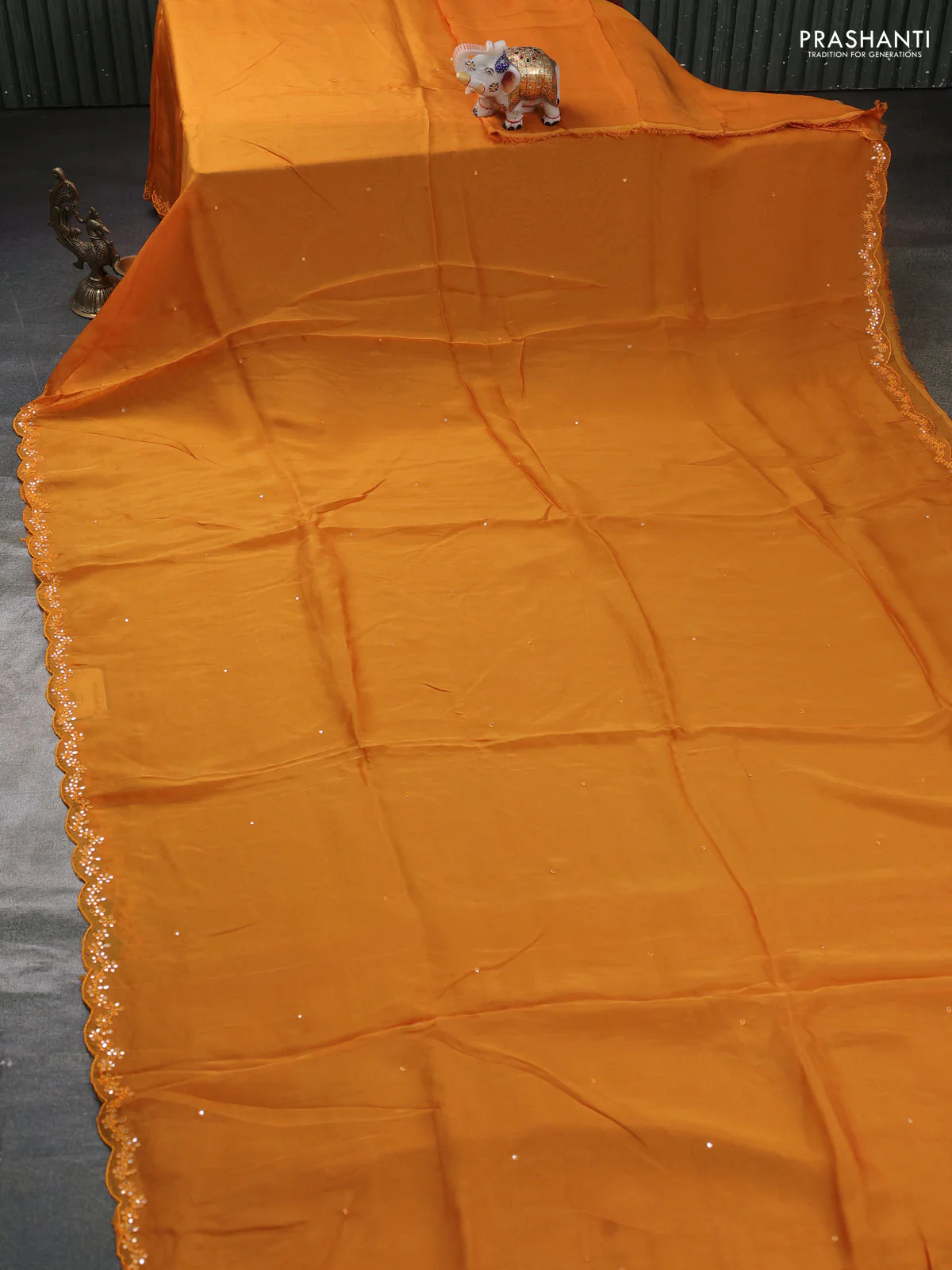 Satin organza silk saree mustard yellow and rustic maroon with mirror embroidery work and ajrakh printed blouse - Image 2