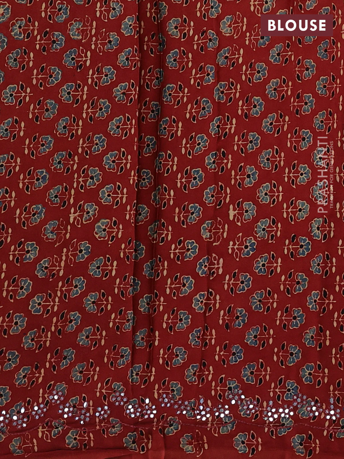 Satin organza silk saree mustard yellow and rustic maroon with mirror embroidery work and ajrakh printed blouse - Image 3
