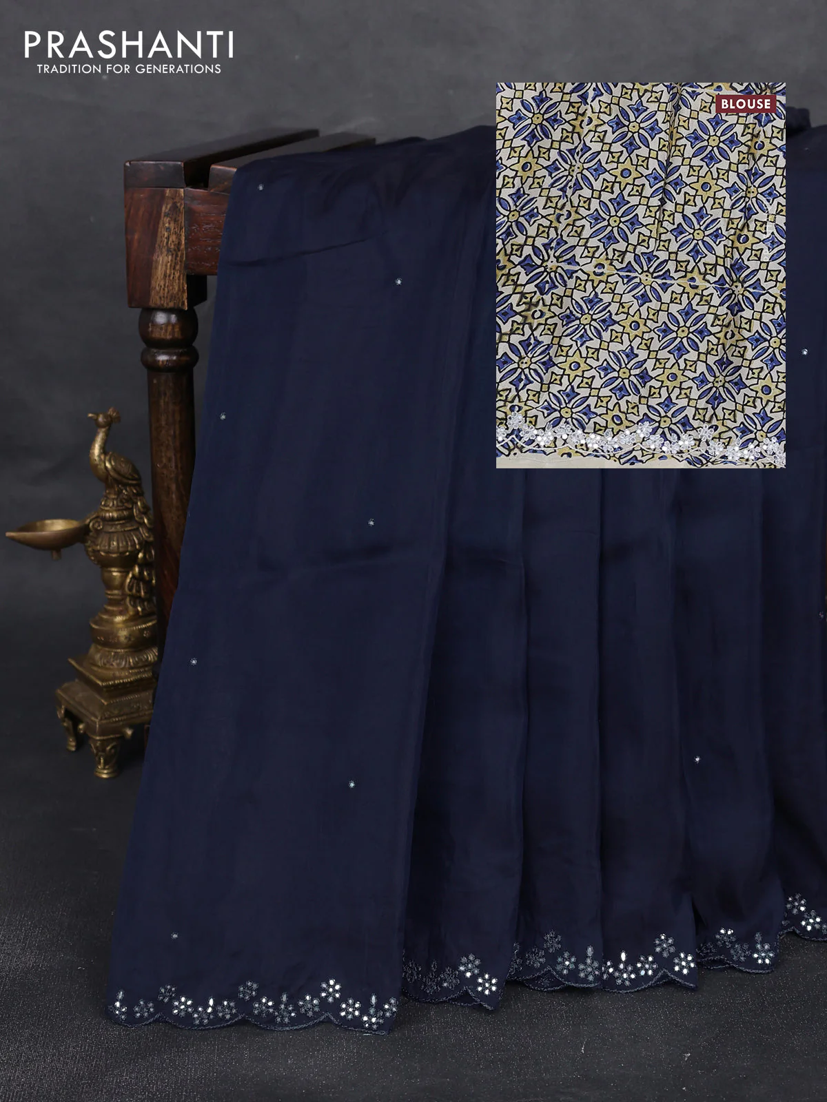 Satin organza silk saree navy bluw and beige with mirror embroidery work and ajrakh printed blouse