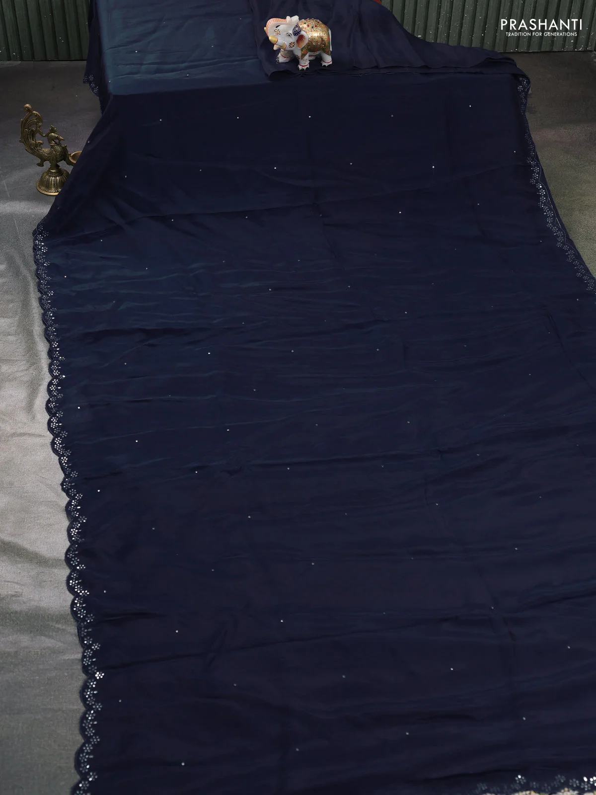 Satin organza silk saree navy bluw and beige with mirror embroidery work and ajrakh printed blouse - Image 2