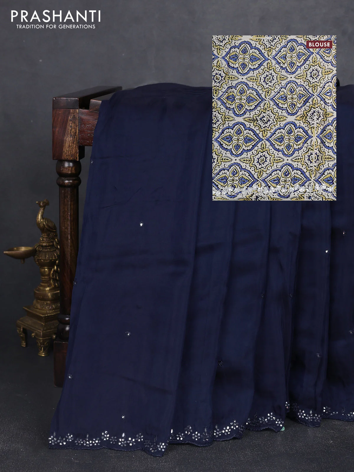 Satin organza silk saree navy bluw and cream with mirror embroidery work and ajrakh printed blouse