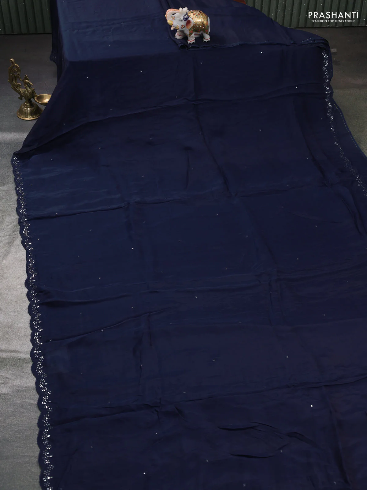Satin organza silk saree navy bluw and cream with mirror embroidery work and ajrakh printed blouse - Image 2
