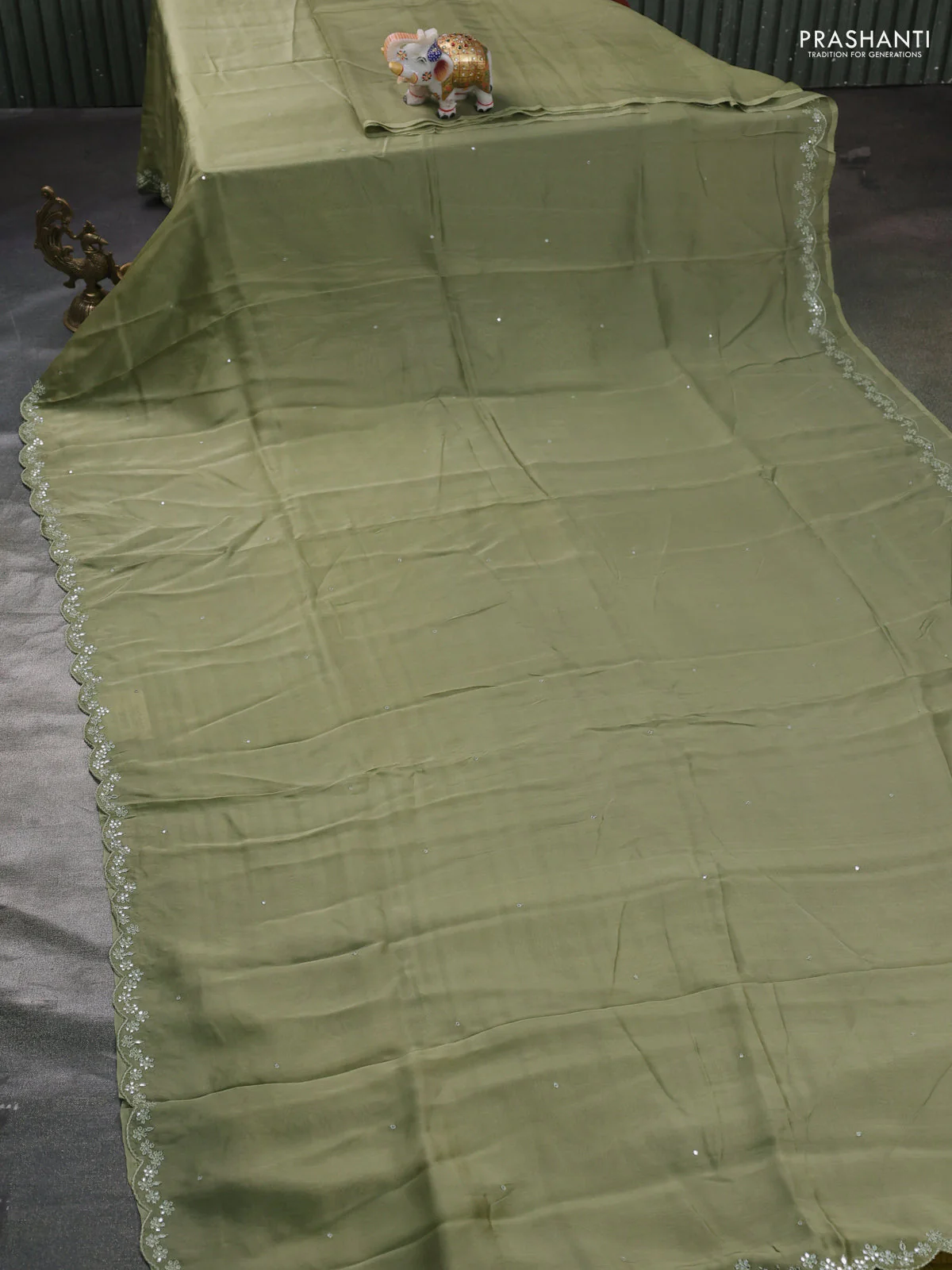 Satin organza silk saree pastel green and mustard yellow with mirror embroidery work and ajrakh printed blouse - Image 2