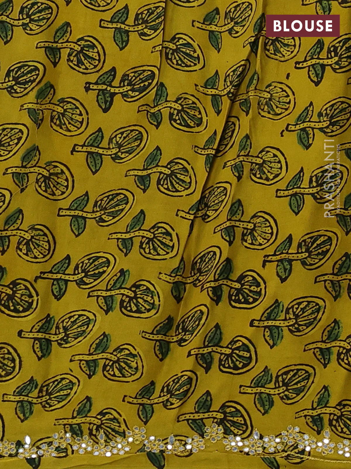 Satin organza silk saree pastel green and mustard yellow with mirror embroidery work and ajrakh printed blouse - Image 3