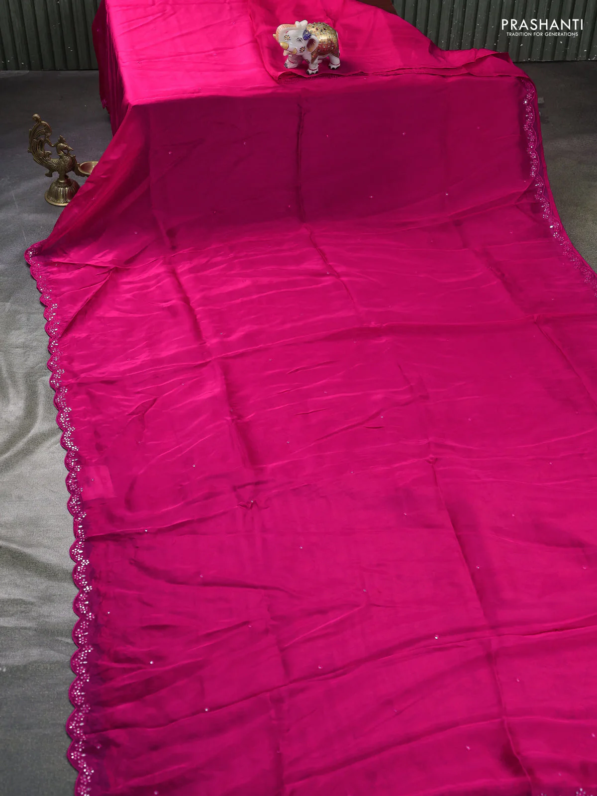 Satin organza silk saree pink and blue with mirror embroidery work and ajrakh printed blouse - Image 2