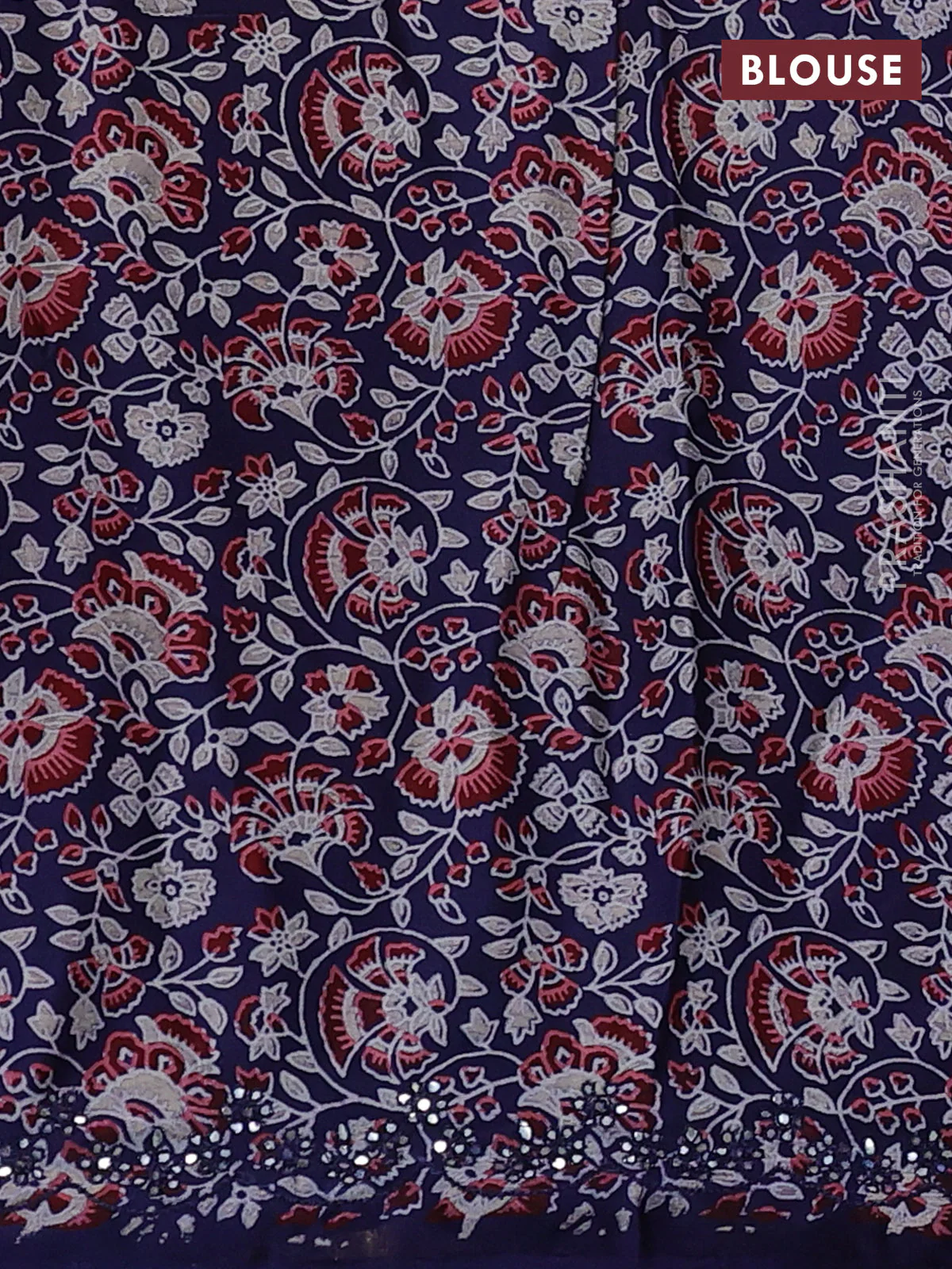 Satin organza silk saree pink and blue with mirror embroidery work and ajrakh printed blouse - Image 3