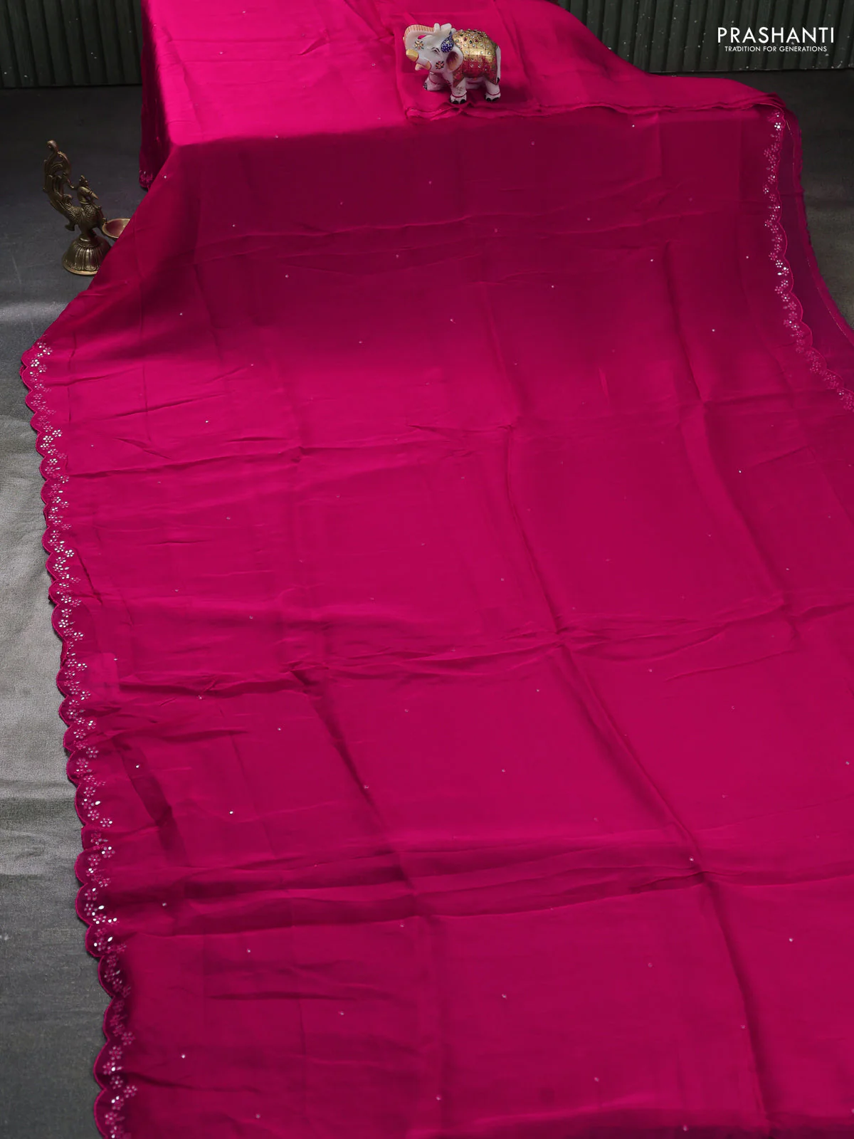 Satin organza silk saree pink and sap green with mirror embroidery work and ajrakh printed blouse - Image 2