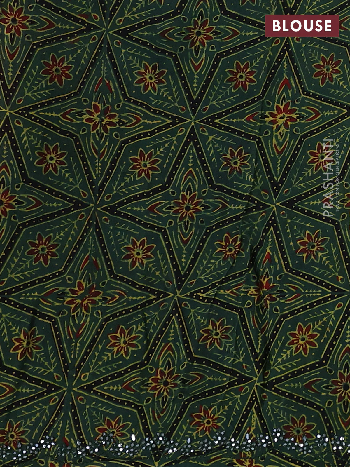 Satin organza silk saree pink and sap green with mirror embroidery work and ajrakh printed blouse - Image 3