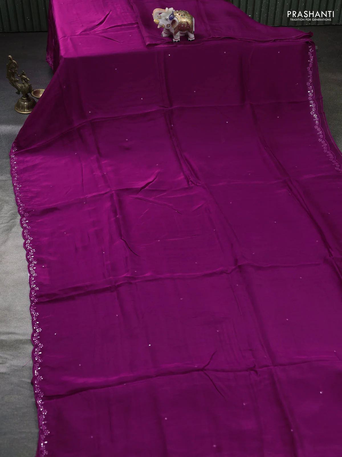 Satin organza silk saree purple and black with mirror embroidery work and ajrakh printed blouse - Image 2