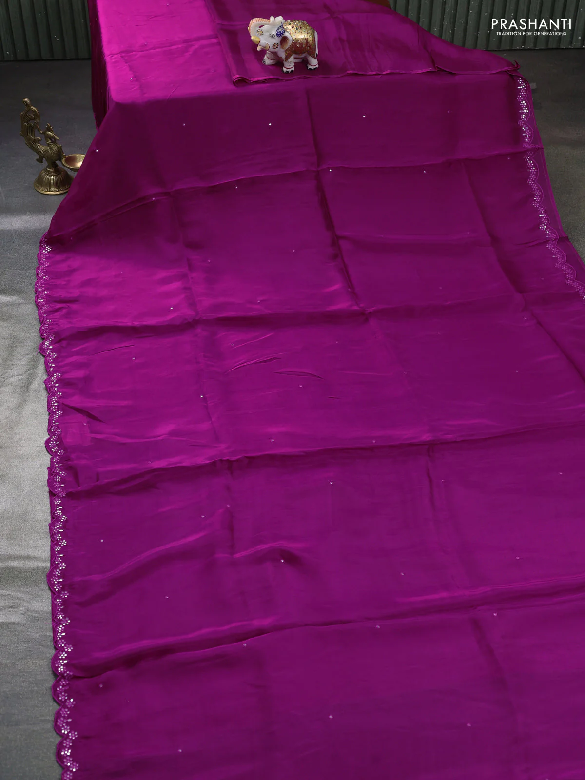 Satin organza silk saree purple and indigo blue with mirror embroidery work and ajrakh printed blouse - Image 2