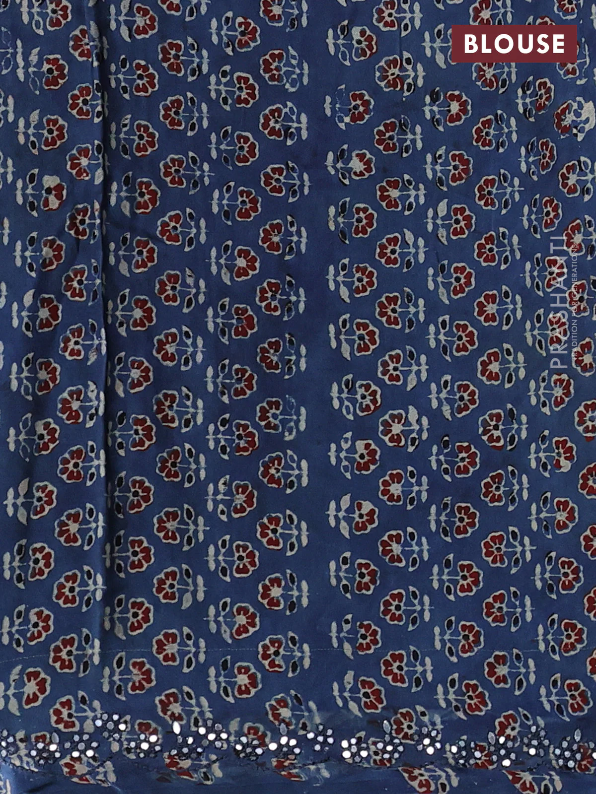 Satin organza silk saree purple and indigo blue with mirror embroidery work and ajrakh printed blouse - Image 3