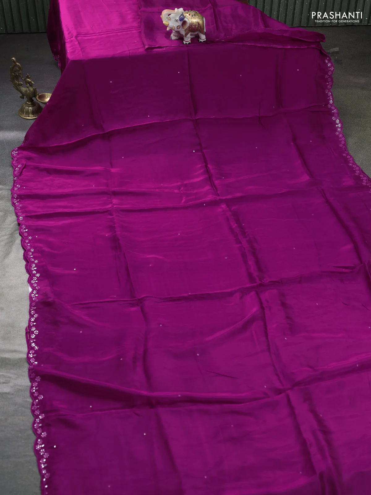 Satin organza silk saree purple and sap green with mirror embroidery work and ajrakh printed blouse - Image 2