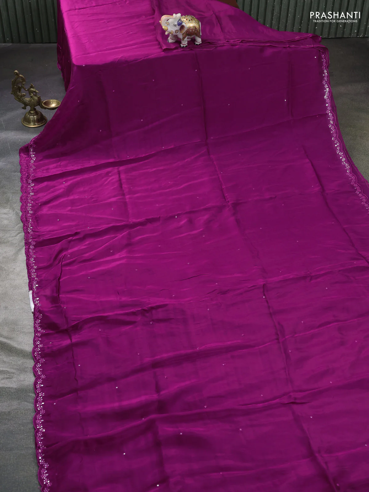 Satin organza silk saree purple and sap green with mirror embroidery work and ajrakh printed blouse - Image 2