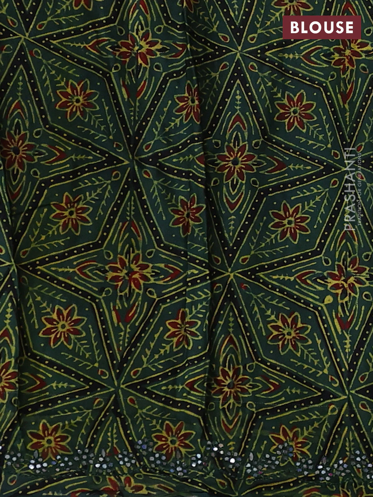 Satin organza silk saree purple and sap green with mirror embroidery work and ajrakh printed blouse - Image 3