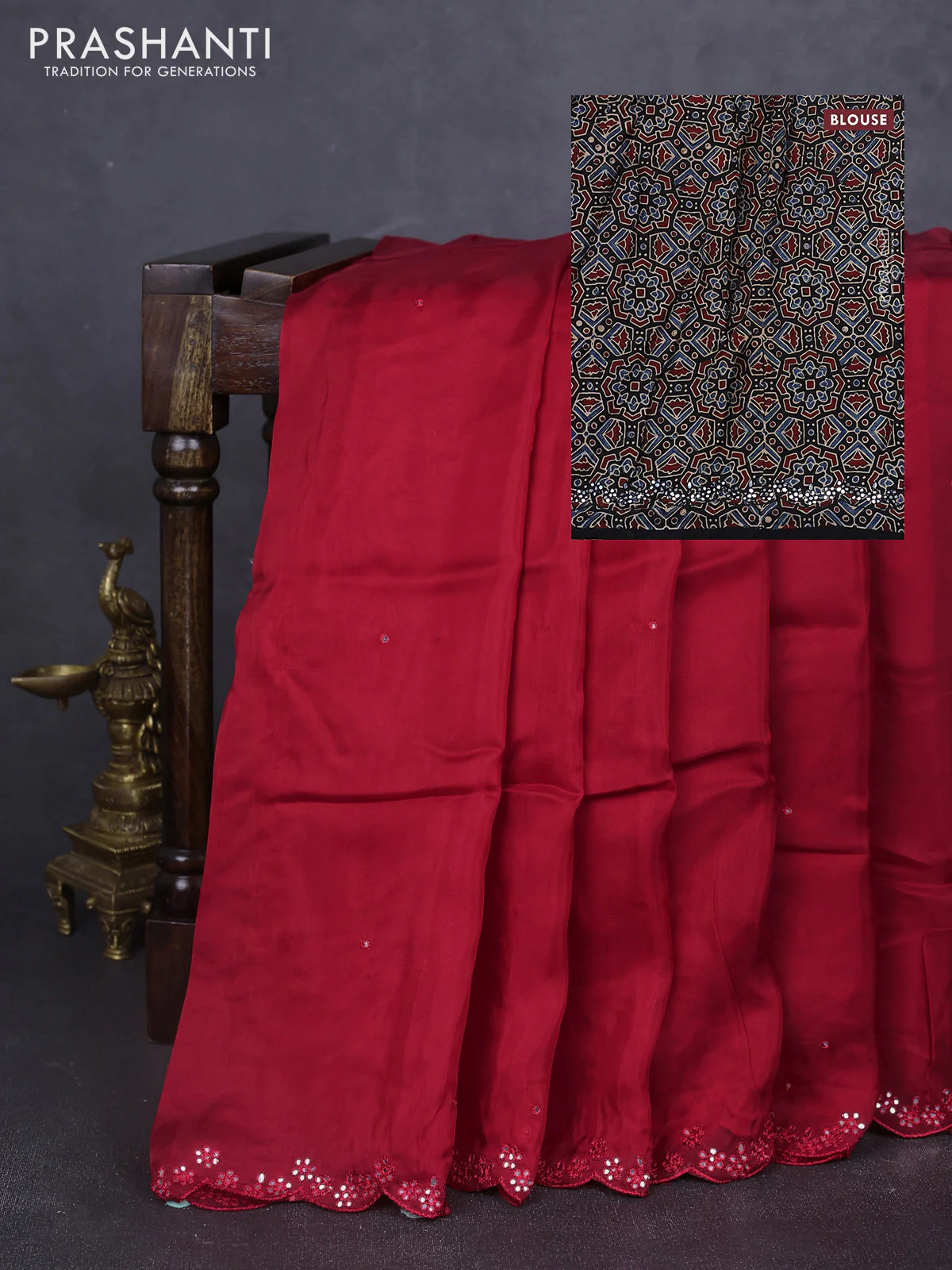 Satin organza silk saree red and black with mirror embroidery work and ajrakh printed blouse