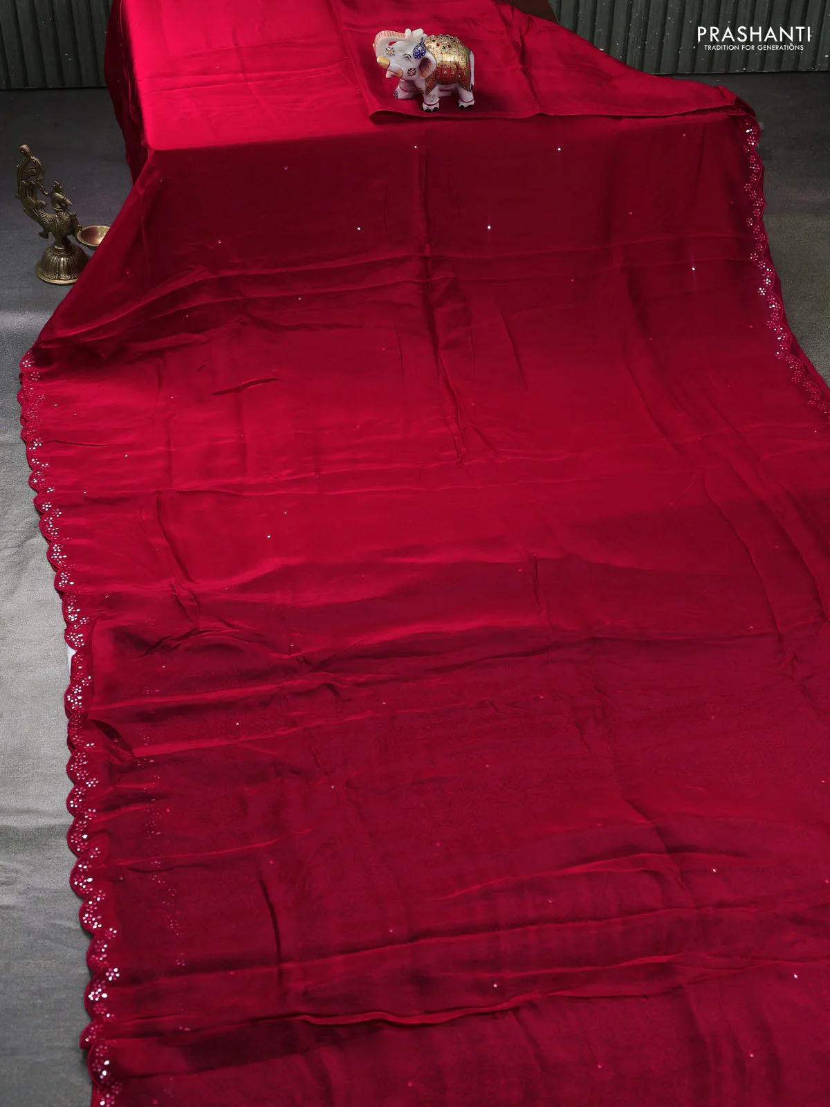 Satin organza silk saree red and black with mirror embroidery work and ajrakh printed blouse - Image 2