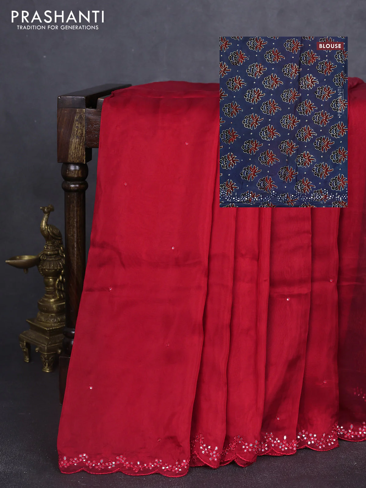 Satin organza silk saree red and indigo blue with mirror embroidery work and ajrakh printed blouse