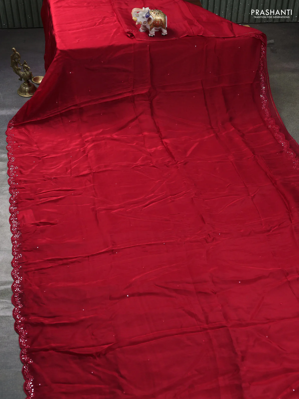 Satin organza silk saree red and indigo blue with mirror embroidery work and ajrakh printed blouse - Image 2