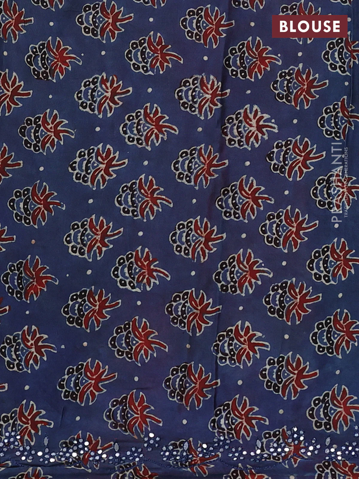 Satin organza silk saree red and indigo blue with mirror embroidery work and ajrakh printed blouse - Image 3