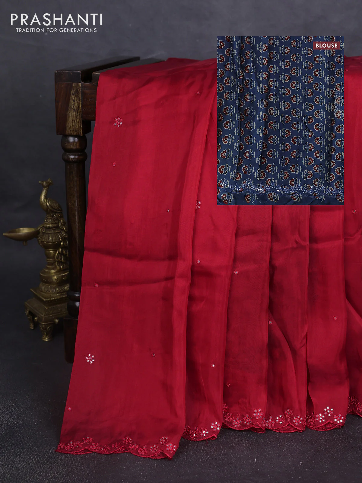 Satin organza silk saree red and indigo blue with mirror embroidery work and ajrakh printed blouse