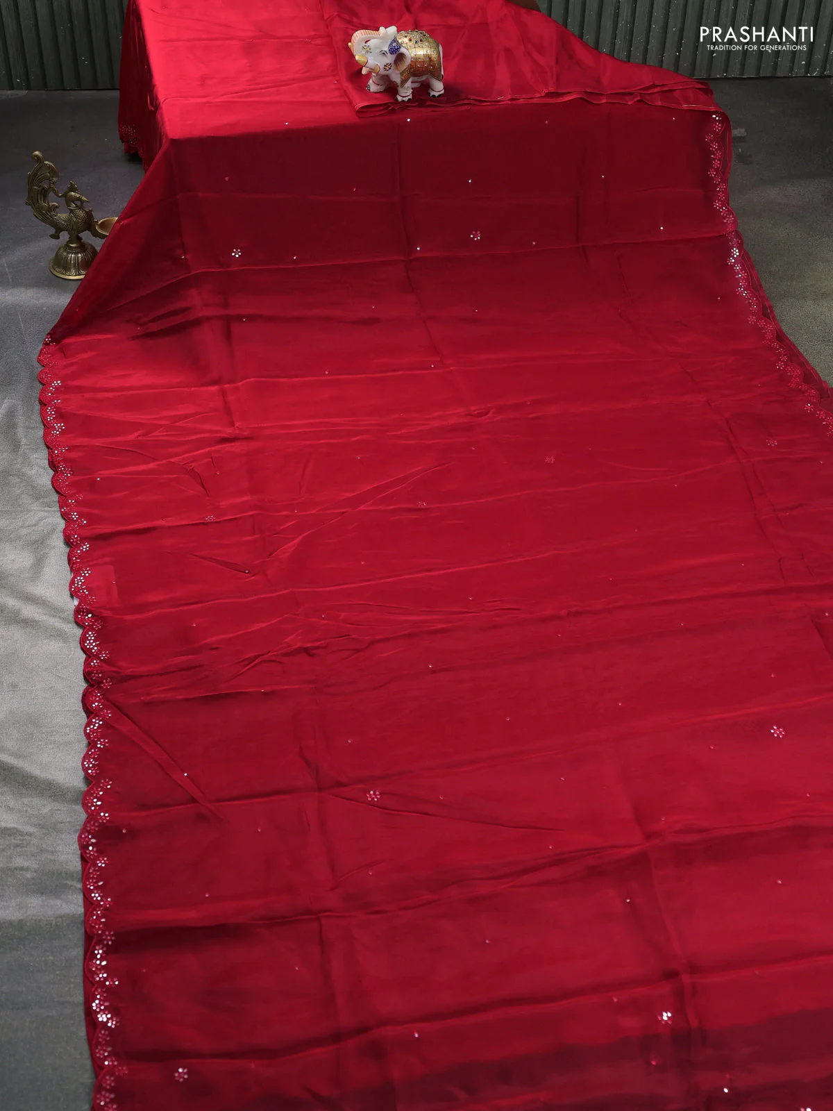 Satin organza silk saree red and indigo blue with mirror embroidery work and ajrakh printed blouse - Image 2