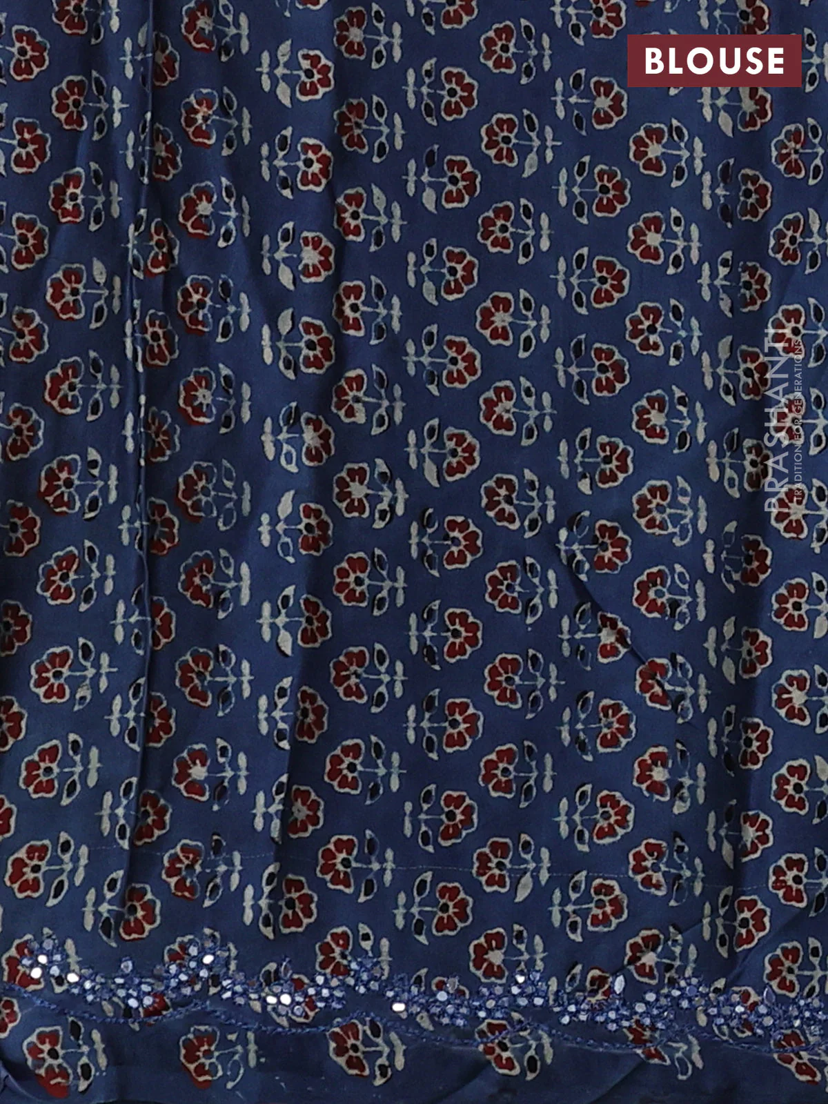 Satin organza silk saree red and indigo blue with mirror embroidery work and ajrakh printed blouse - Image 3