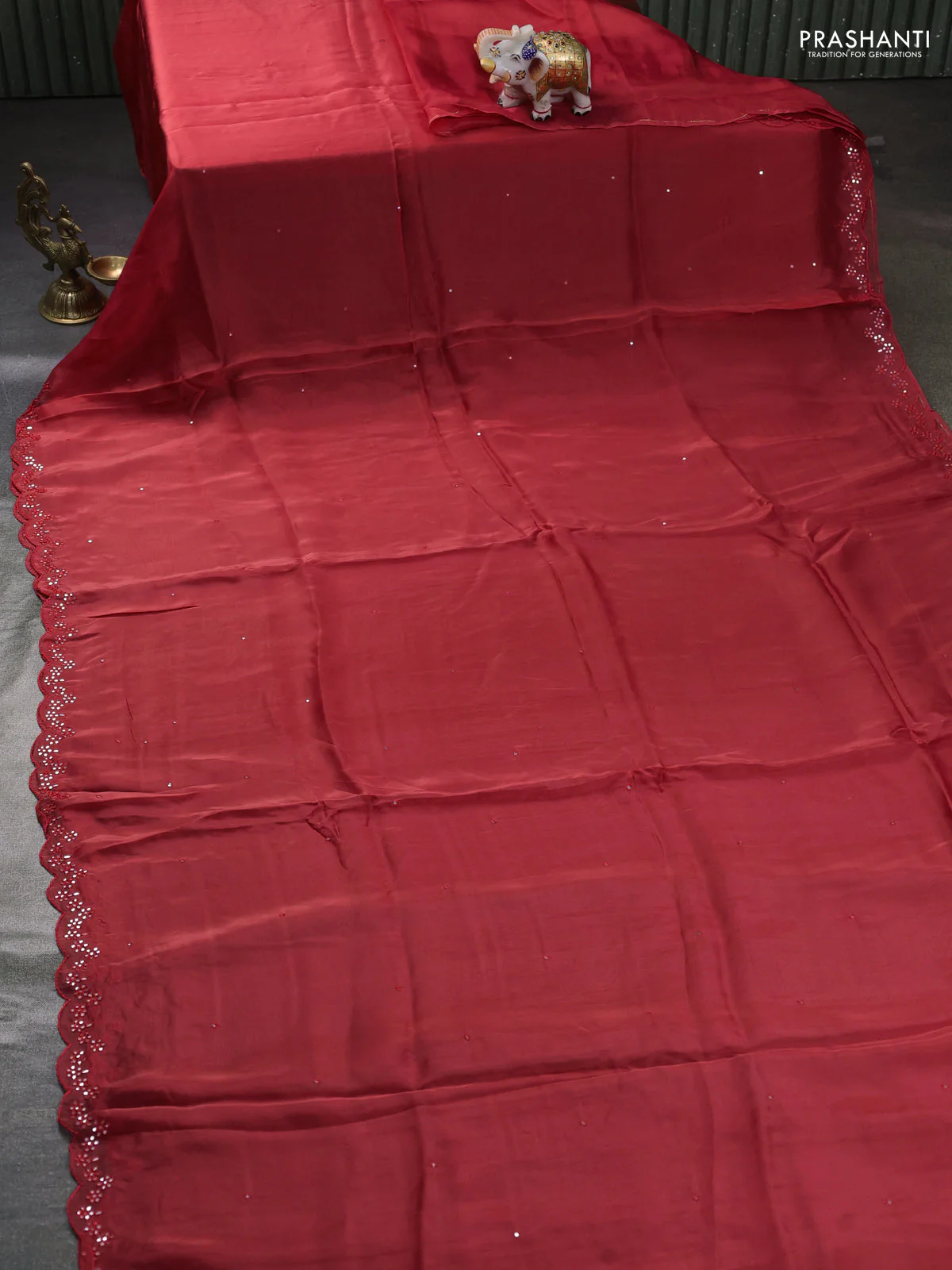Satin organza silk saree red shade and sap green with mirror embroidery work and ajrakh printed blouse - Image 2