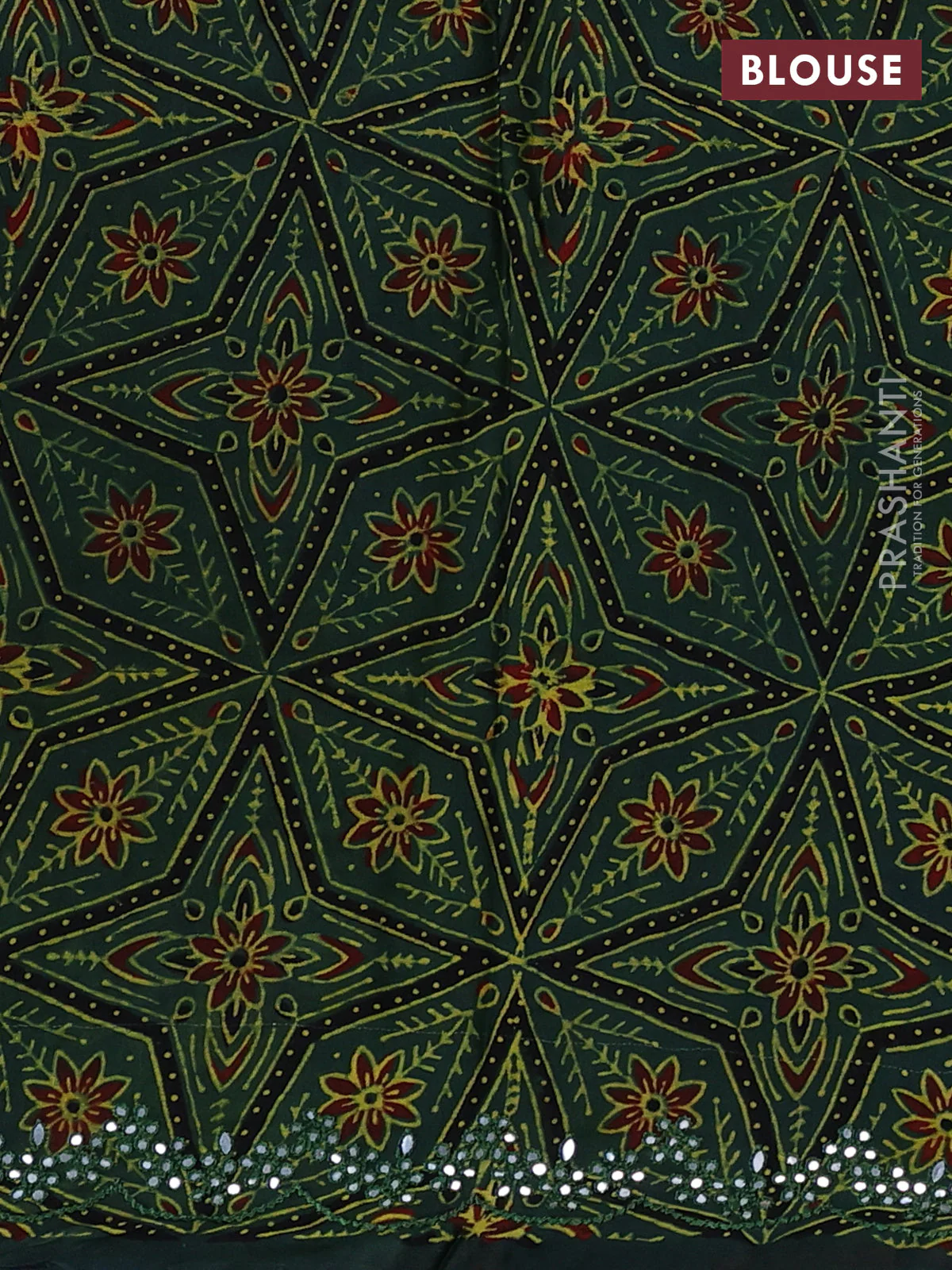 Satin organza silk saree red shade and sap green with mirror embroidery work and ajrakh printed blouse - Image 3