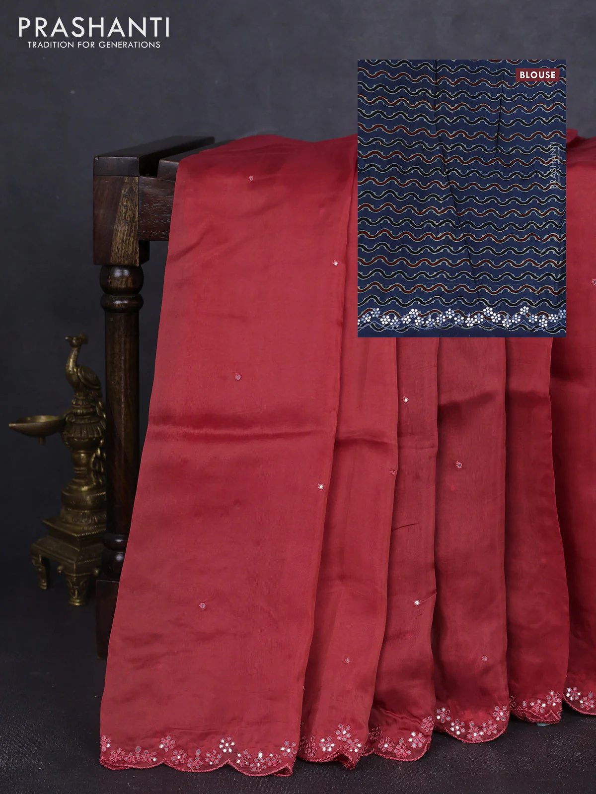 Satin organza silk saree rust shade and indigo blue with mirror embroidery work and ajrakh printed blouse