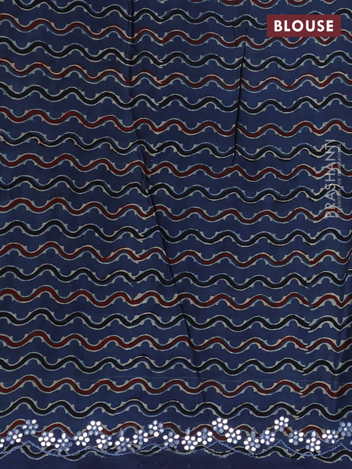 Satin organza silk saree rust shade and indigo blue with mirror embroidery work and ajrakh printed blouse - Image 3