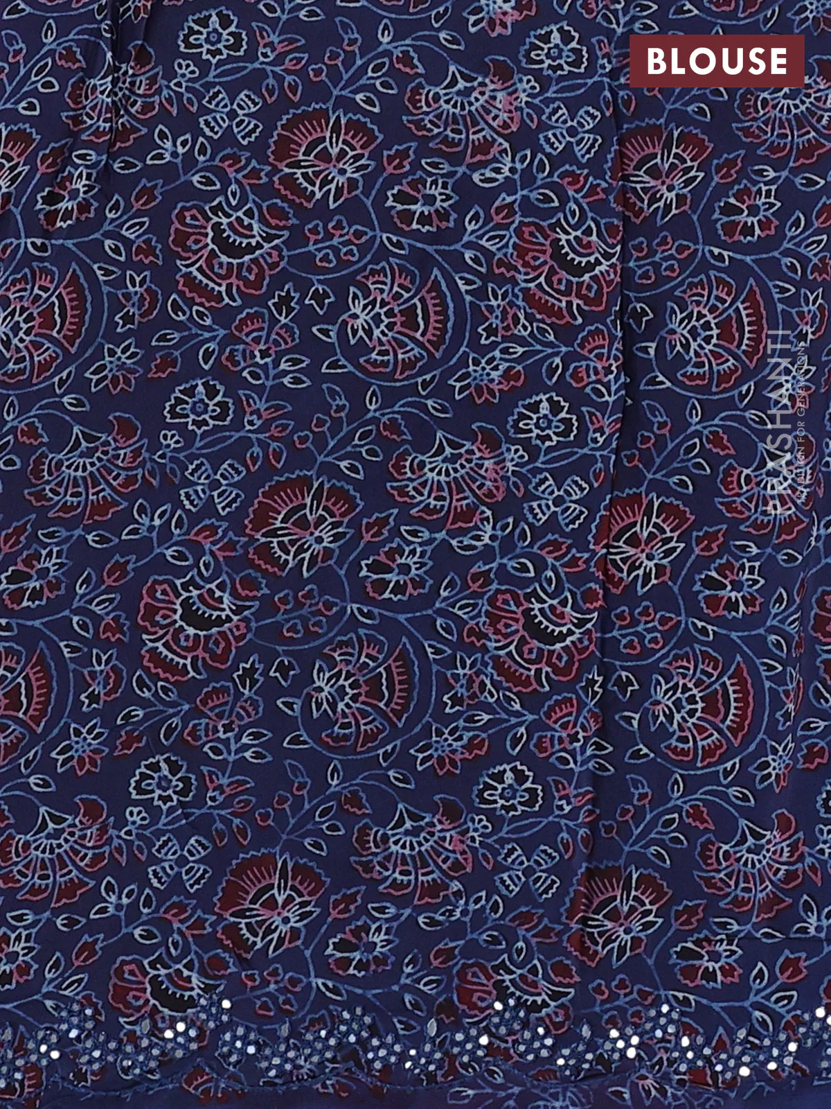 Satin organza silk saree rust shade and peacock blue with mirror embroidery work and ajrakh printed blouse - Image 3