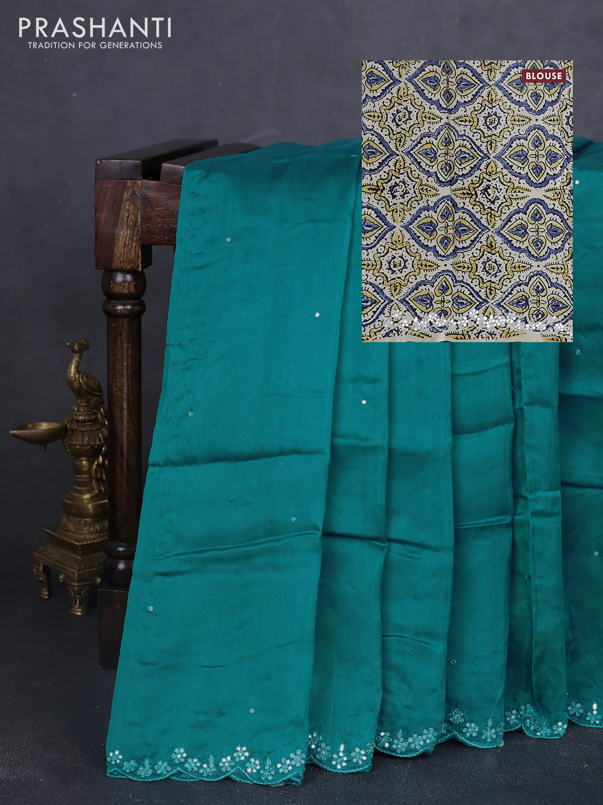 Satin organza silk saree teal blue and cream with mirror embroidery work and ajrakh printed blouse