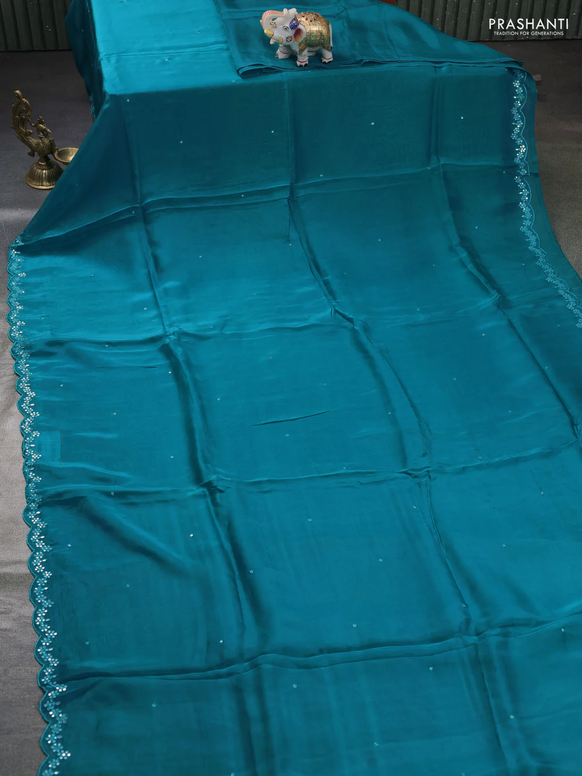 Satin organza silk saree teal green and mustard yellow with mirror embroidery work and ajrakh printed blouse - Image 2